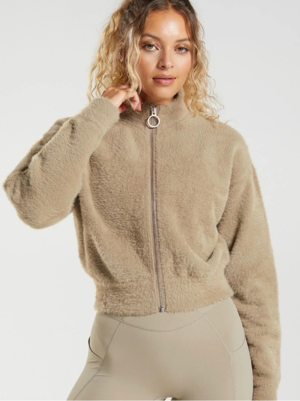 Whitney Simmons x Gymshark Eyelash Knit Jacket Cement Brown M